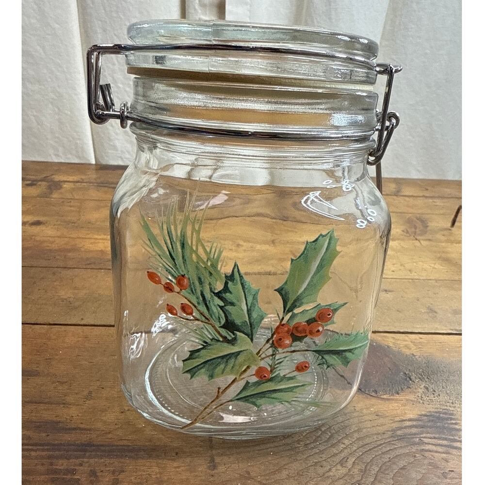 Vintage KIG Indonesia Holly Berry Winter Holiday Glass Locking Lid Canister Jar